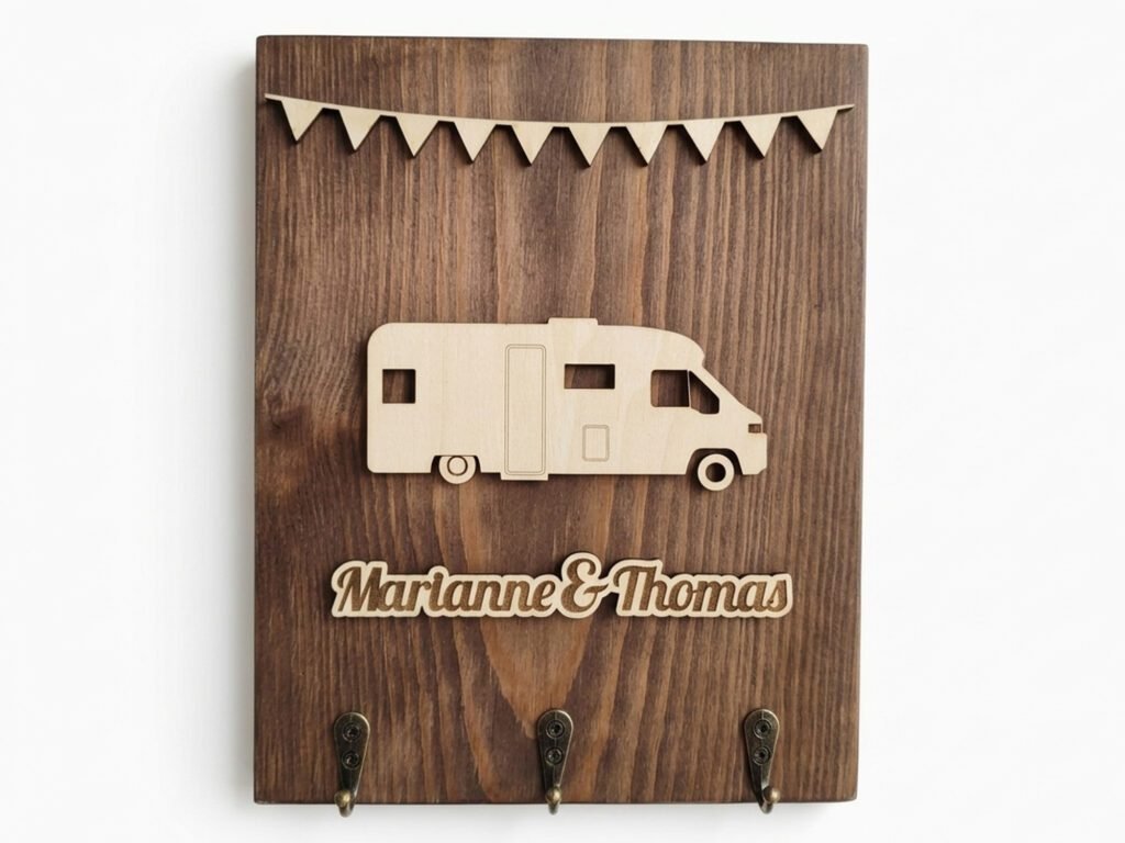 Personalisiertes Holz-Schlüsselbrett mit Wohnmobil-Motiv und Wunschname für Camper